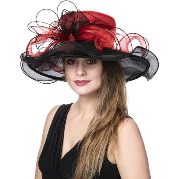 Women's Organza Church Kentucky Derby Hat Red Black - Picture 4 of 5